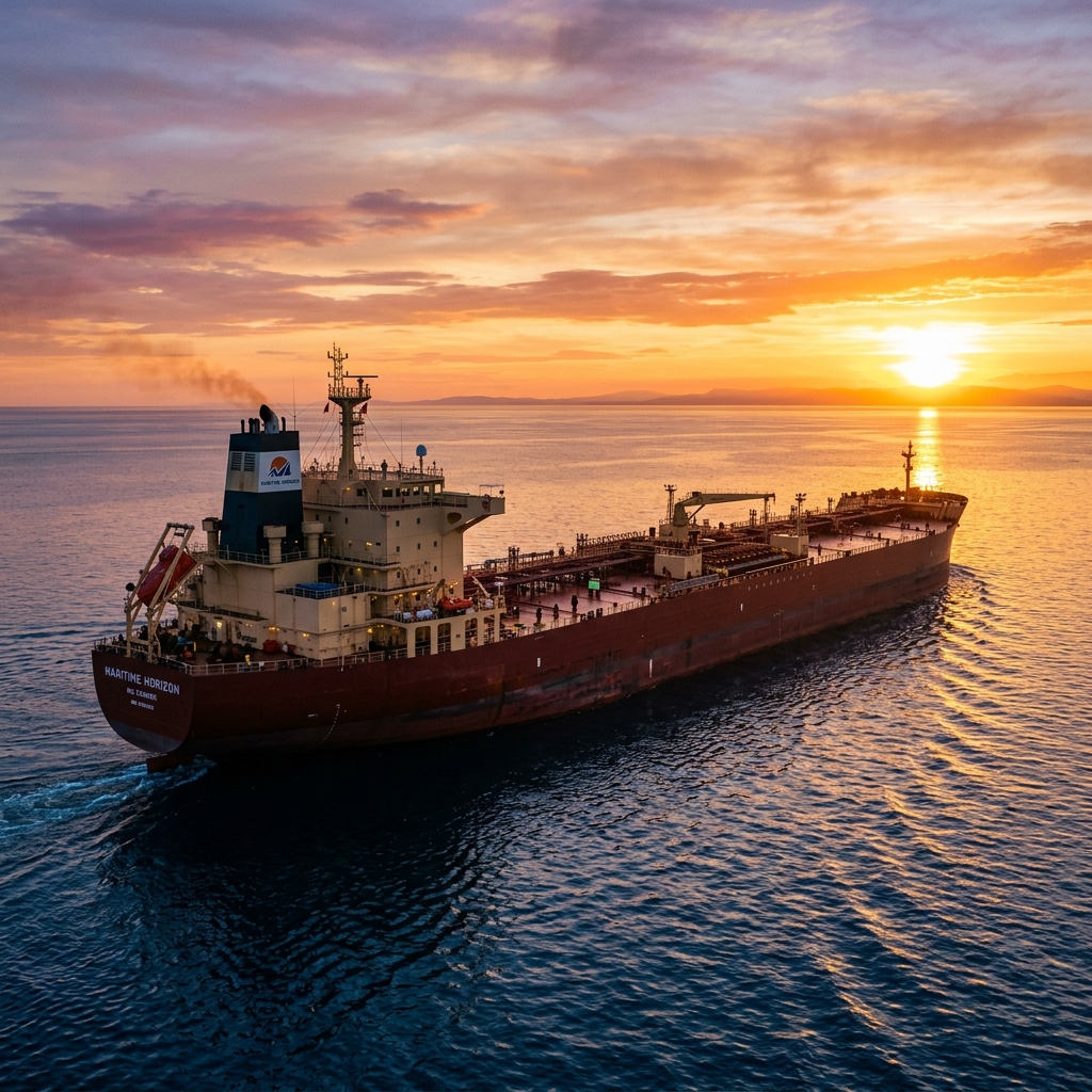Maritime cargo ship port operations during sunset