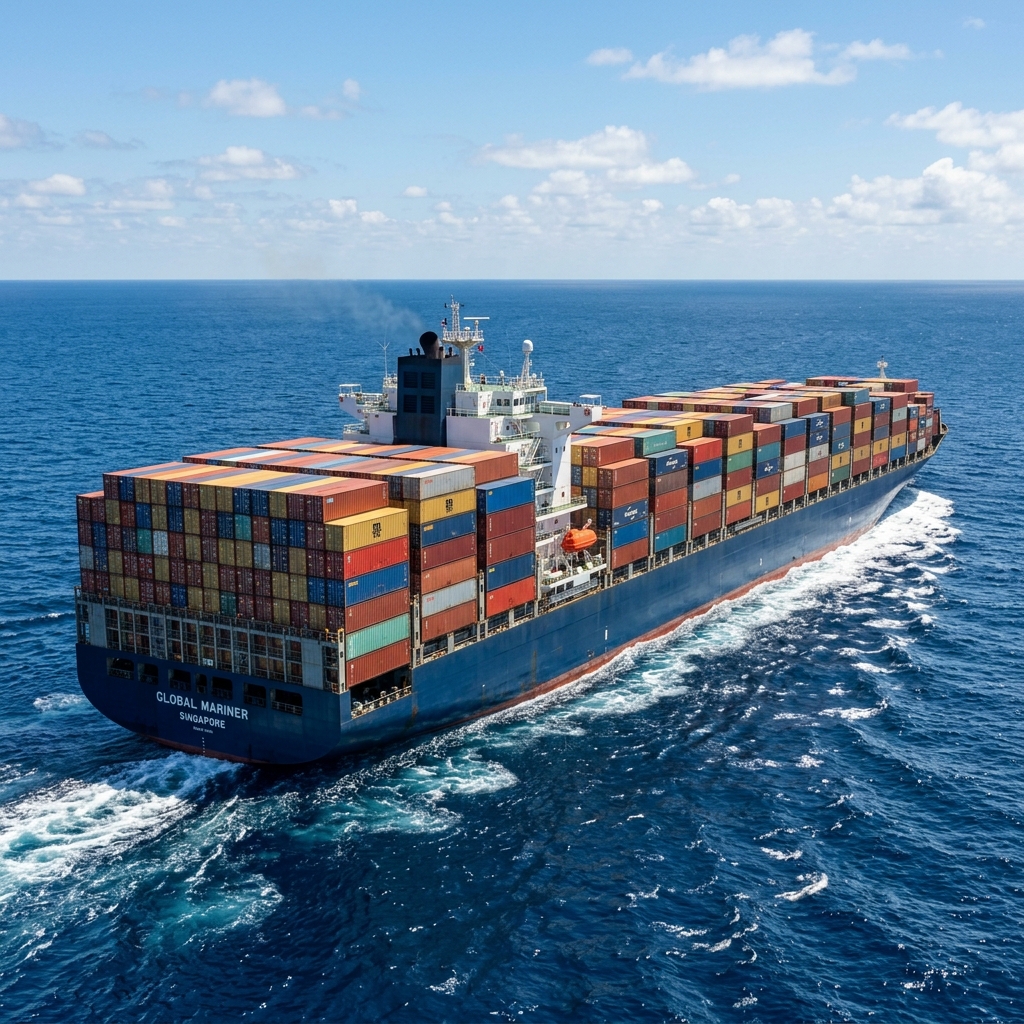 Container ship fully loaded carrying container goods