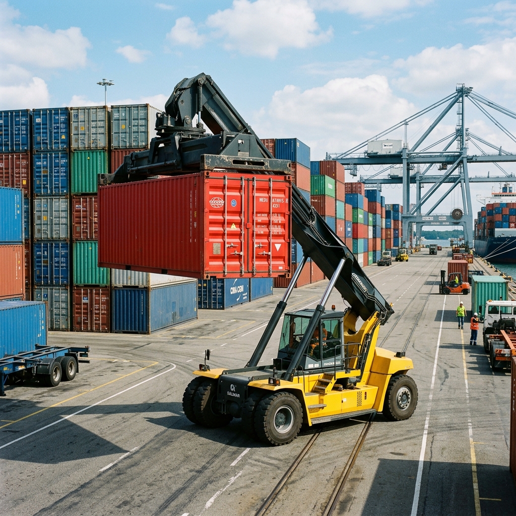 Heavy reach stacker moving containers in port terminal