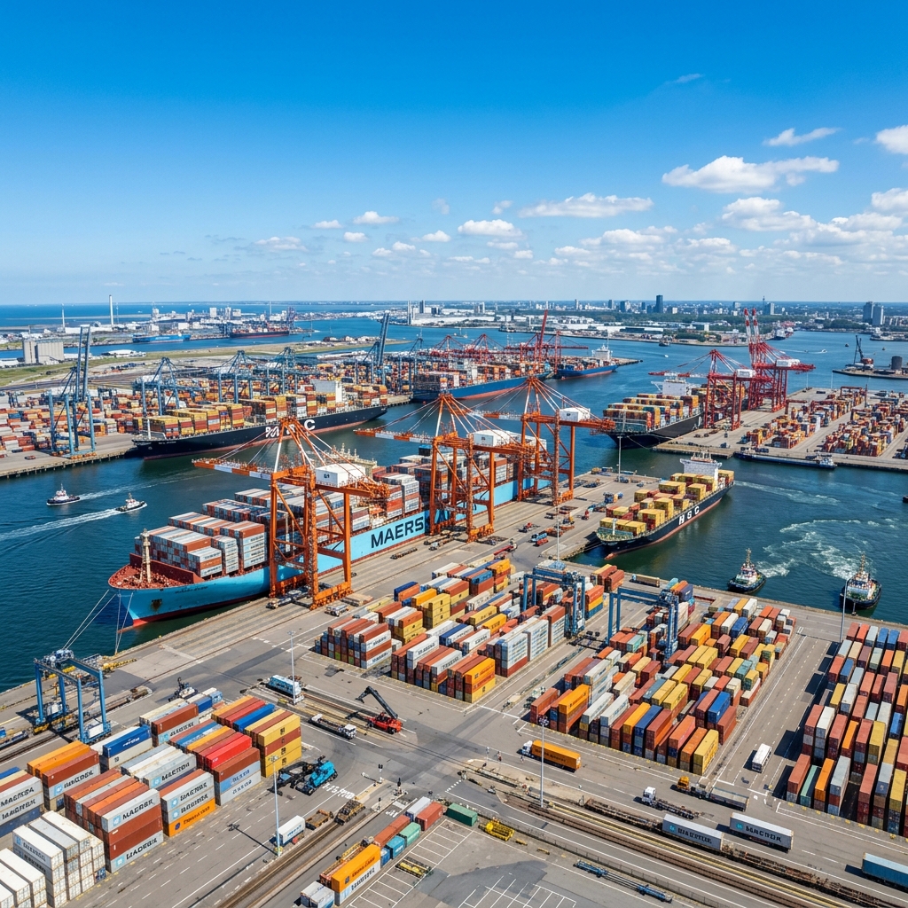 Commercial container port cranes and docks